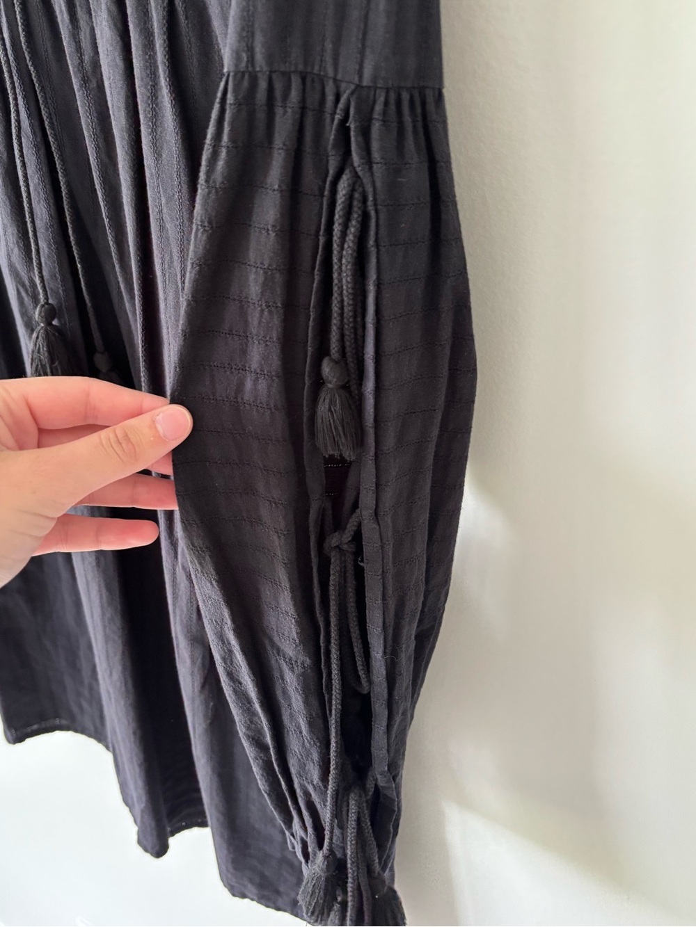 Rebecca Minkoff Black Cotton Peasant Mini Dress Long Sleeve Tie Arms Cottagecore - Picture 5 of 8